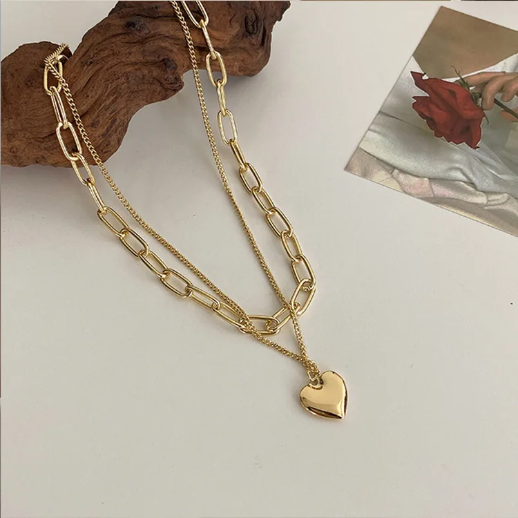 Geometric Multi-layer Heart Necklace Gold Plated Half Pearl Half Chain Necklace