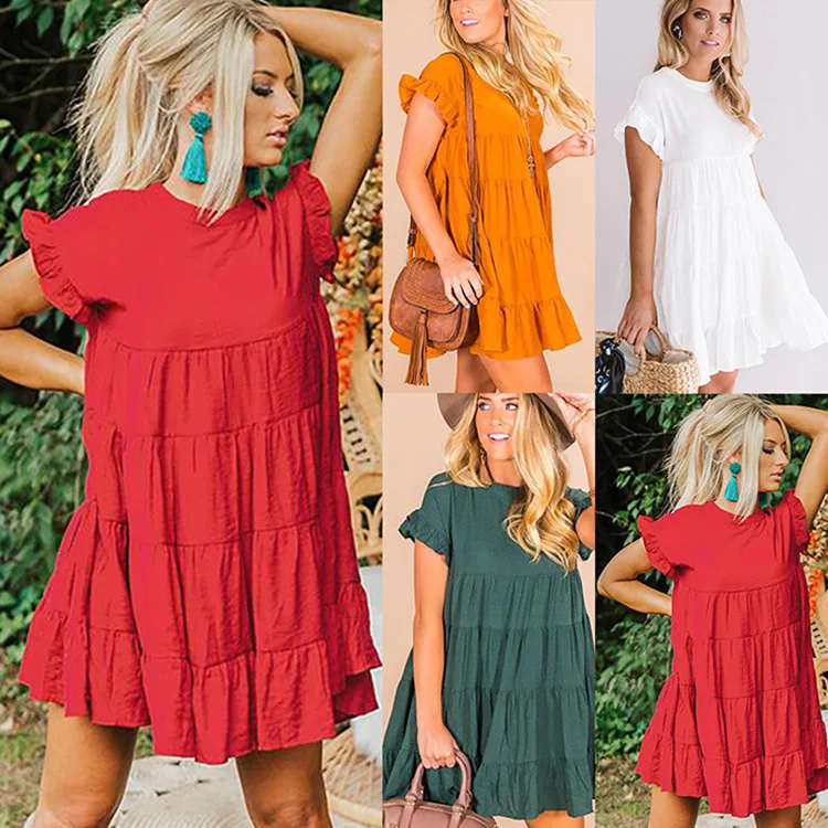 

2019 Fashion Summer Women Short Sleeve Solid Color O Neck Pullover Loose Cake Dress Lady Casual Pleated Dress, As the pictures shown