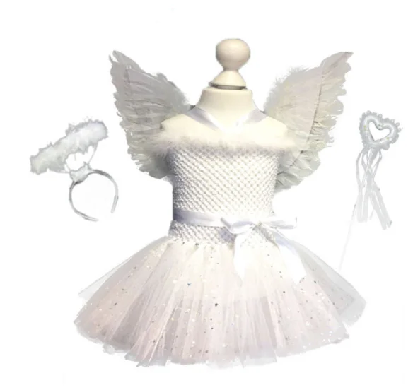 

Christmas White Sparkle Girl Feather Angel Birthday Cosplay Children Party Girl Tutu Dresses With Wings And Fairy Wands