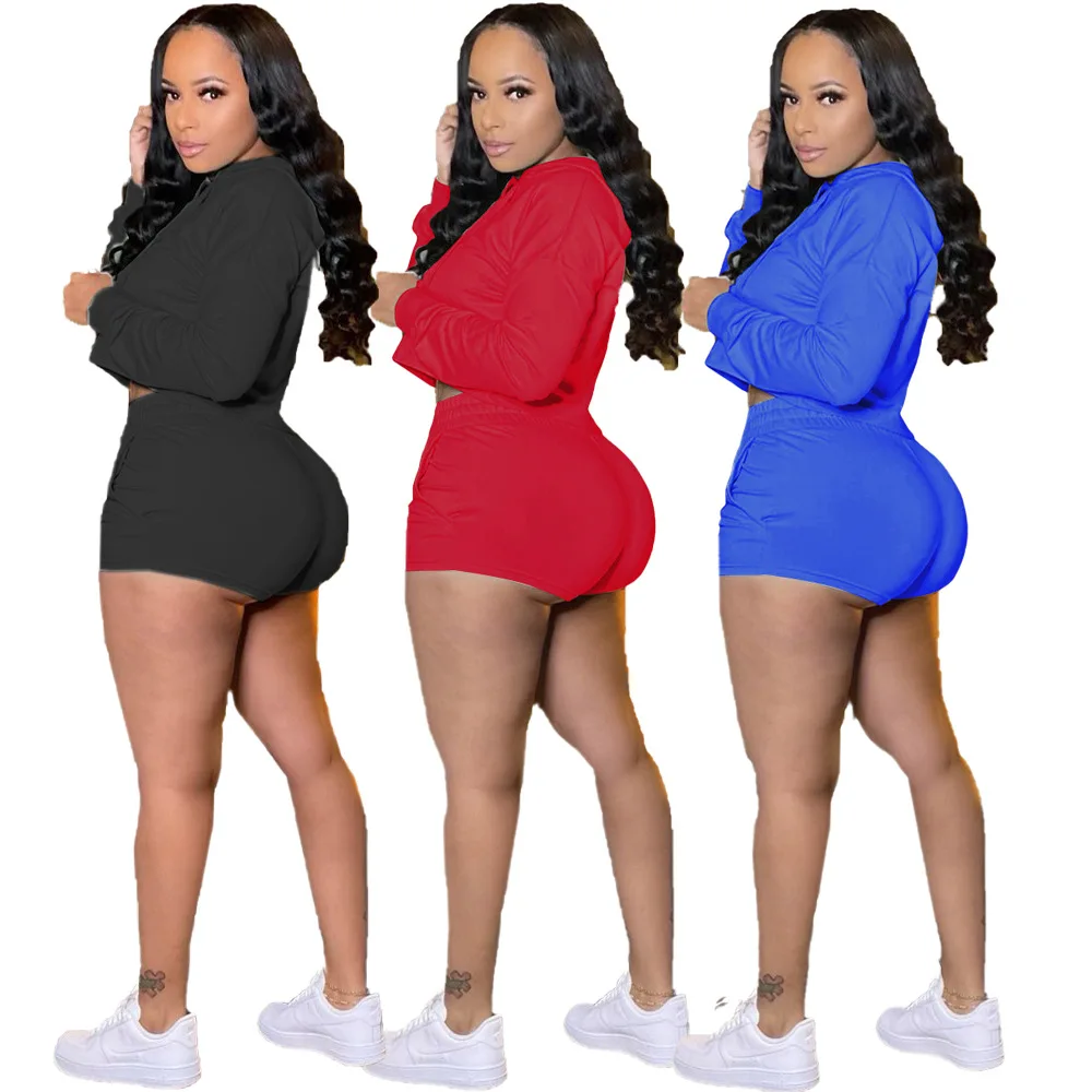 

fall 2021 women clothes solid color sweat suit set custom logo long sleeves hoodies and sweat shorts two piece set