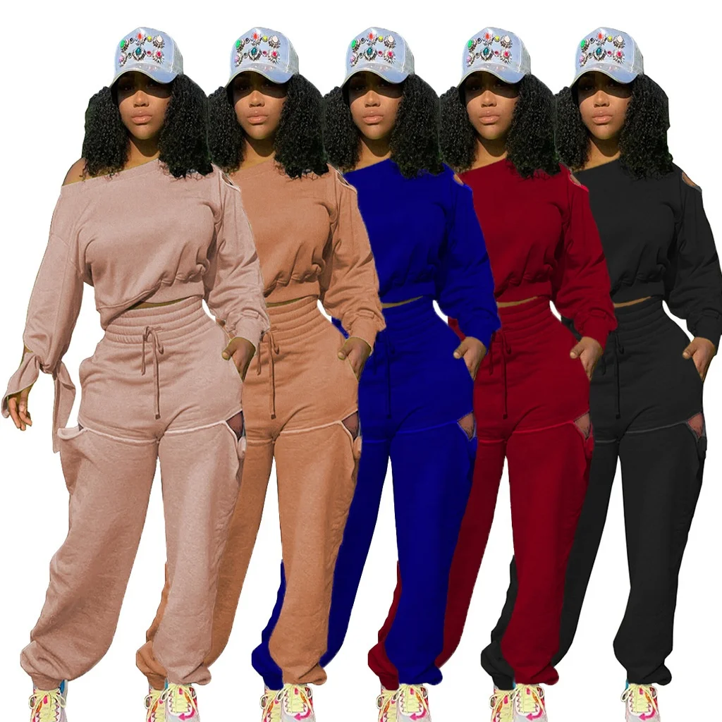

B63627A European and American sexy leisure fashion special style solid color round collar two-piece set, Pink/black/blue/wine red/coffee