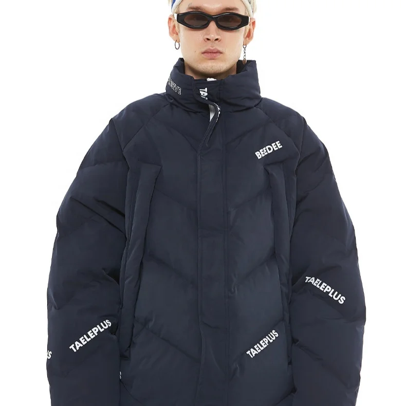 

Winter new men's cotton stand-up collar fashion printed letter pattern mid-length padded jacket