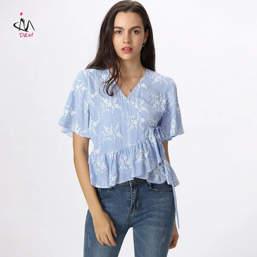 

Wholesale Summer Flare Short Sleeve Ruffles Striped Wrap Peplum Top Blouse For Women, Shown,or customized color,provide color swatches