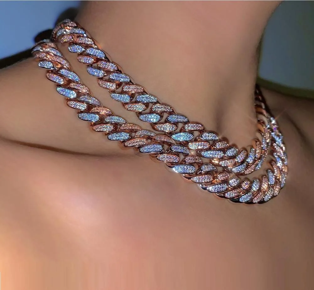 

silver rose gold two tone plated 12mm micro pave cz Miami cuban chain women hip hop necklace