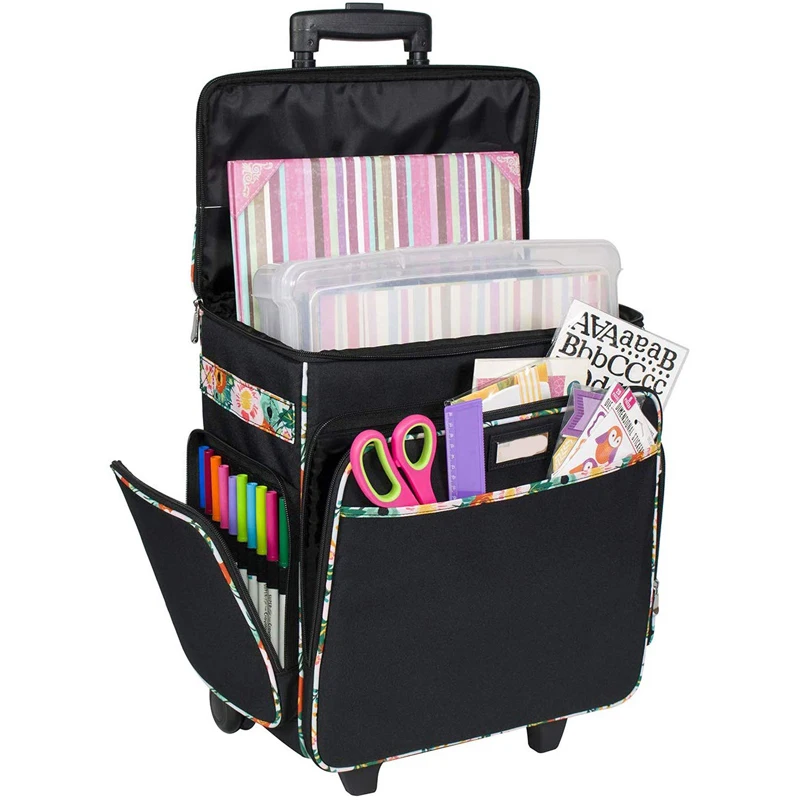 Black Rolling Scrapbook Storage Tote Craft Case Telescoping Handle With ...