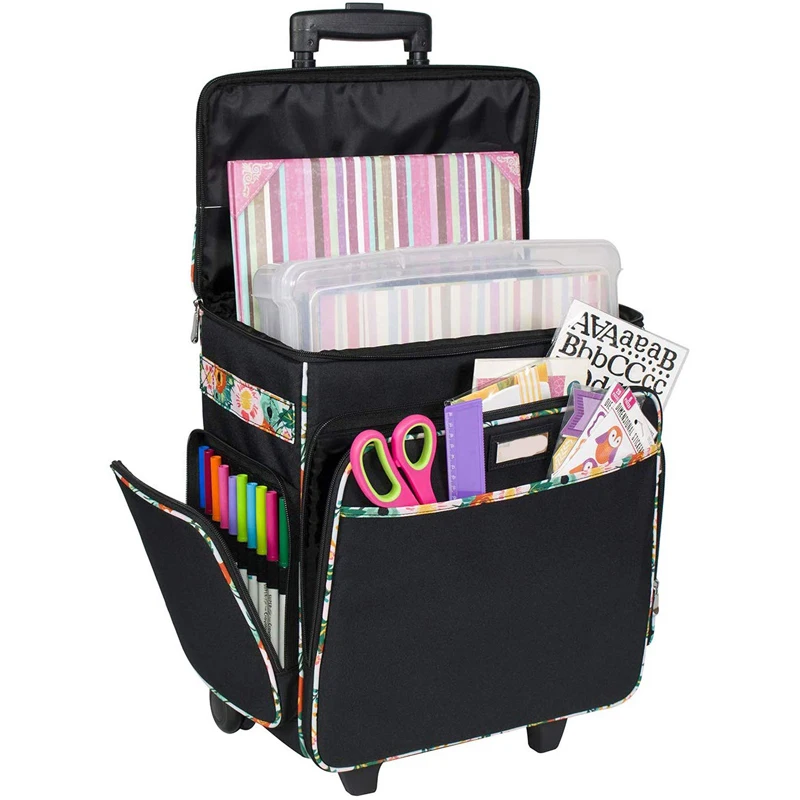 Black Rolling Scrapbook Storage Tote Craft Case Telescoping Handle With