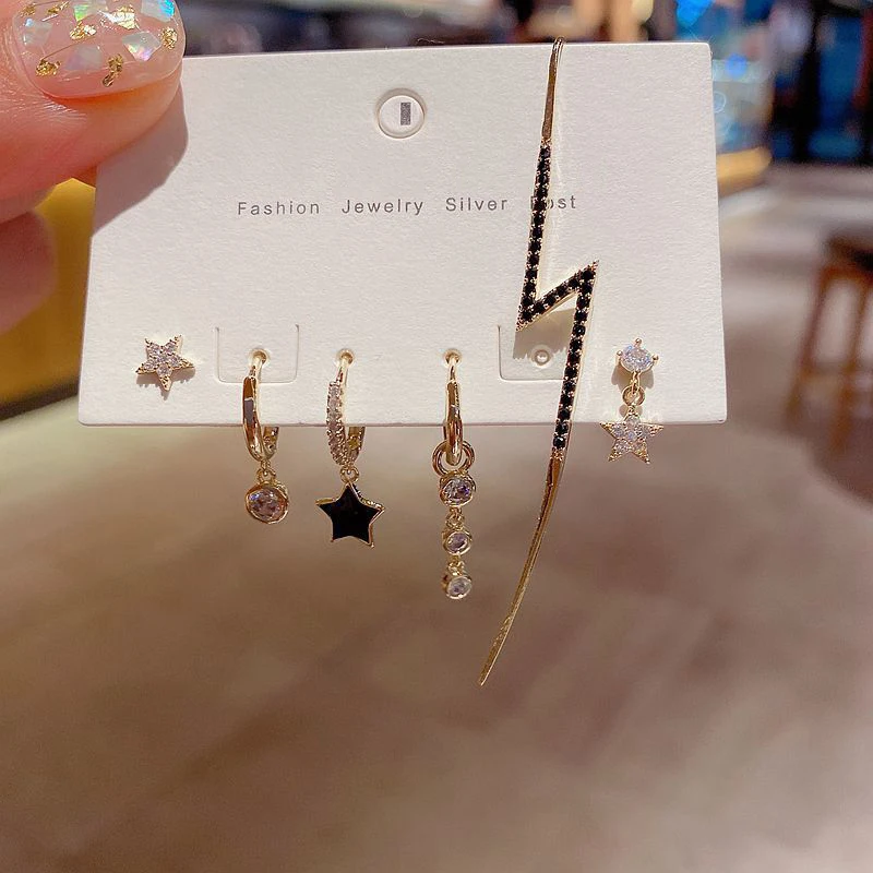 

ENSHIR Fashion Luxury 6 Piece Earrings Set Zircon Star Wave Hoop Earrings Set for Women Daily Jewelry, Picture shows