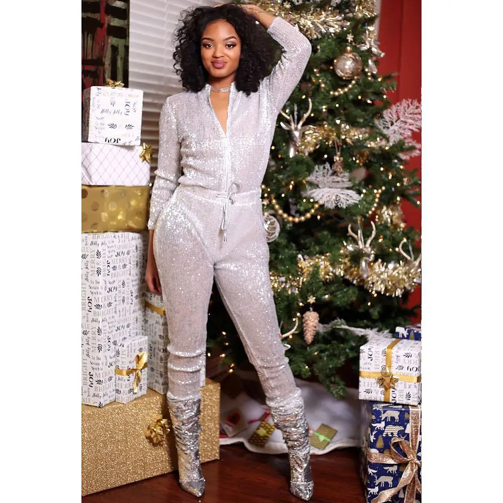 

2021 Fashion Sexy Nightclub Wear Loose Edition Sequined Long Sleeve Jumpsuit