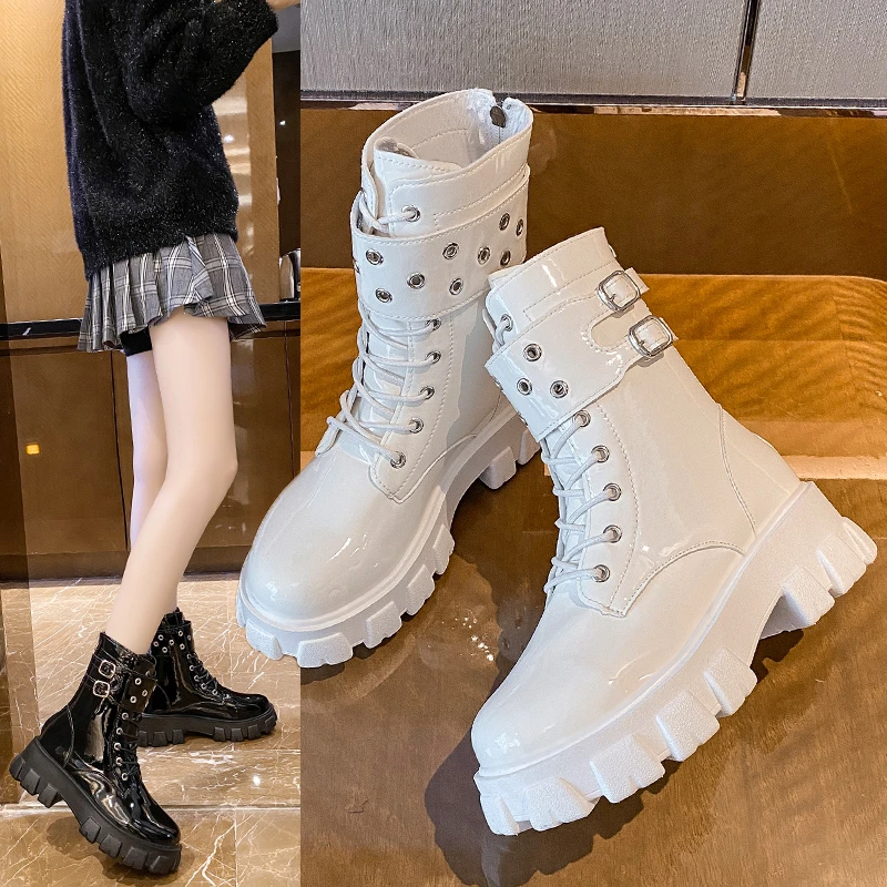 

OEM Lace Up Boots Female Women High Top Shoes Fashionable Booties Female Thick-Soled Work Boots Botas De Mujer