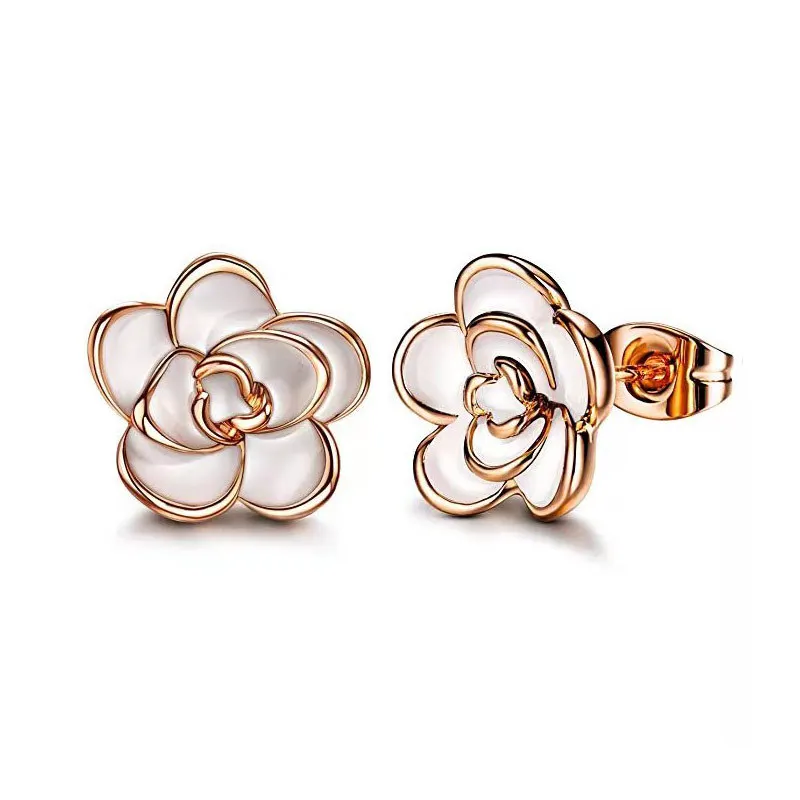 

CAOSHI Women Fashion Black and White Rose Gold Camellia Vintage Flower Earring Stud Earrings, 3 colors