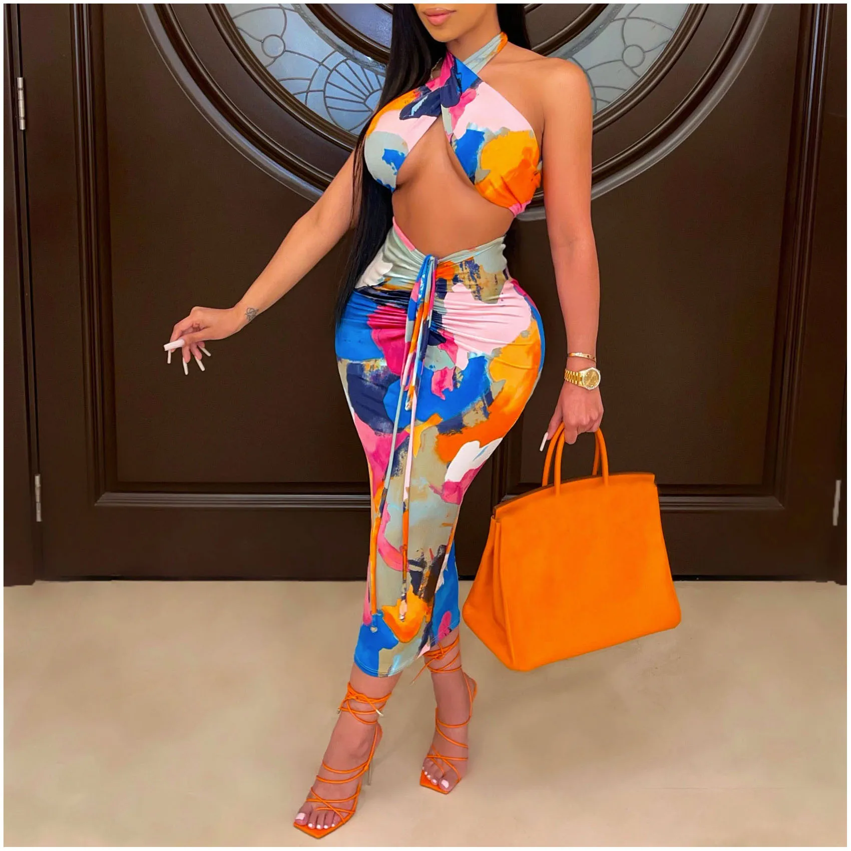 

FS3201D Summer prints Sexy Halter Dresses Women Drawstring Sheath dress