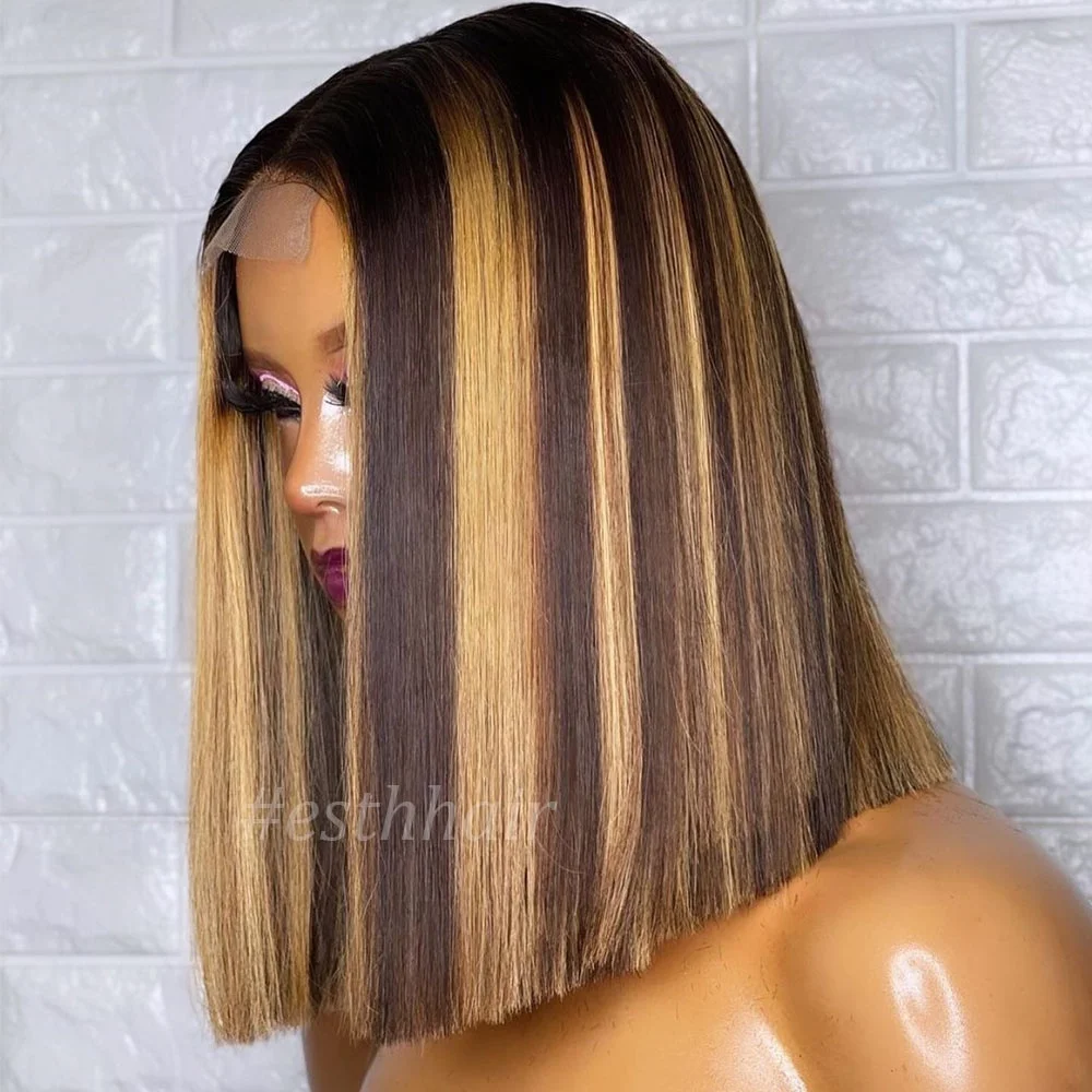 

Short Highlight 1b Honey Brown Color Straight Bob Human Hair Lace Front Wigs For Black Women Pixie Cut Human Hair Piano Wigs