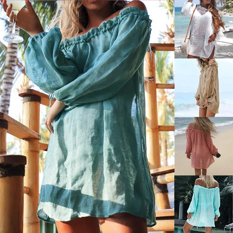 

Women Cover up tunic Beach Dress Cover Up Thong Swim Cover-ups Long Sleeve Beachwear Off Shoulder Bikini, 5 colors