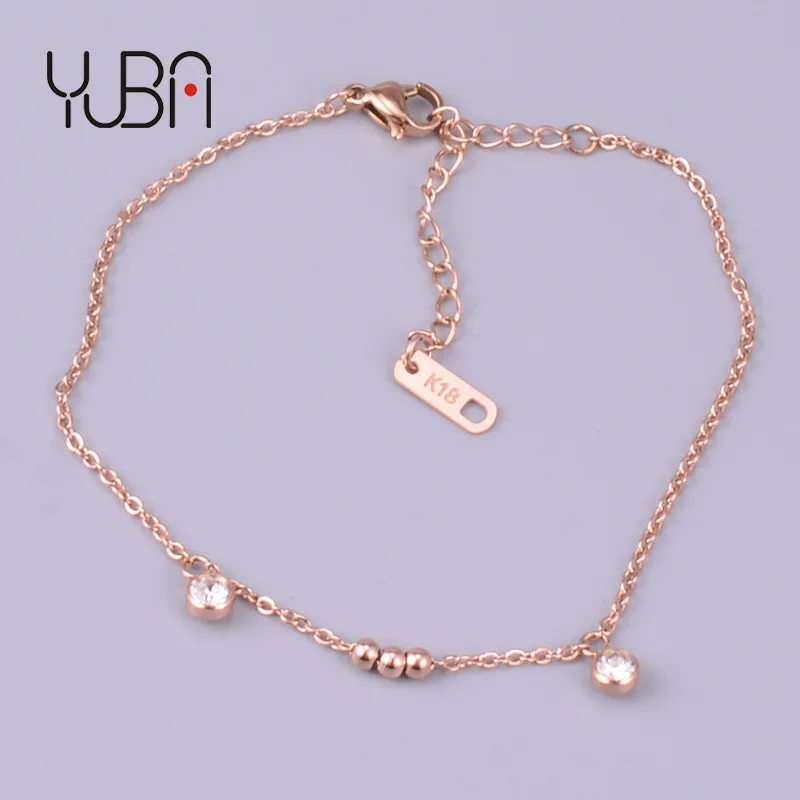 

High Quality Stainless Steel Rose Gold Plated Beads Charm Anklet Round Rhinestone Crystal Charm Bracelet Anklet Foot Chain