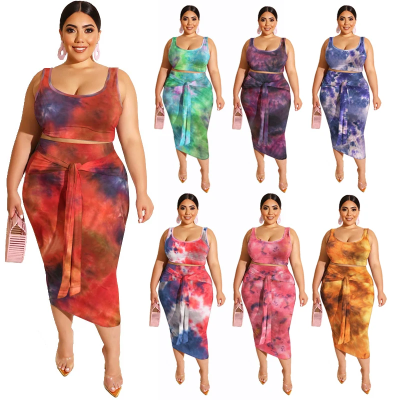 

2020 new style tie dye printed tight-fitting hip casual suit summer women clothing plus size two piece set, Color blocking