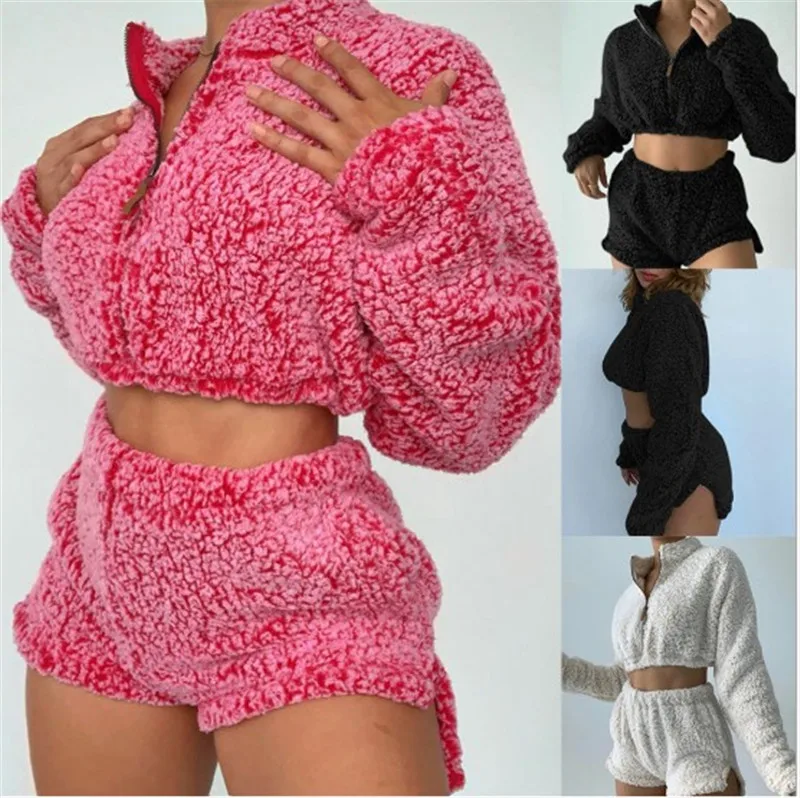 

Winter Women's Grey Cable Knit Crop Jumper Wool Sweater Short Pants Joggers 2 Piece Set Rib Knit Two Piece Set, 3 colors