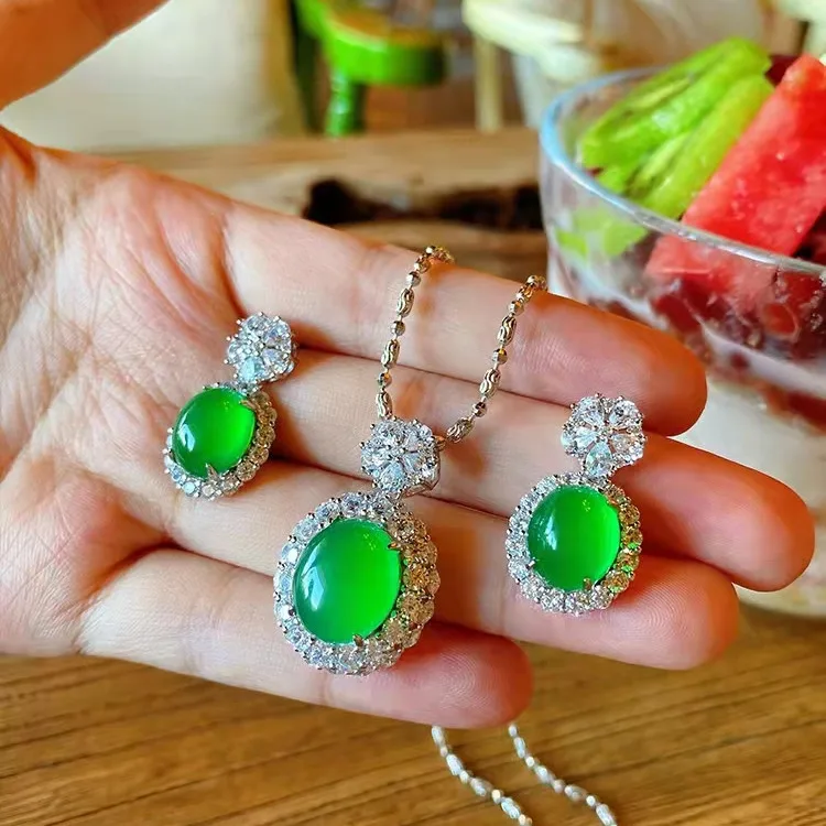 

Certified 925 Silver Inlay High Ice Green Chalcedony Pendant Two-Piece Earrings Set High Goods Agate Chalcedony Set