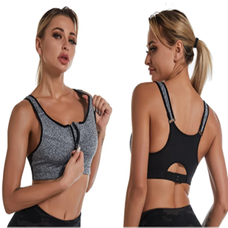 

Front zipper sports bra without steel ring gathered Yoga Fitness shockproof running women's underwear large