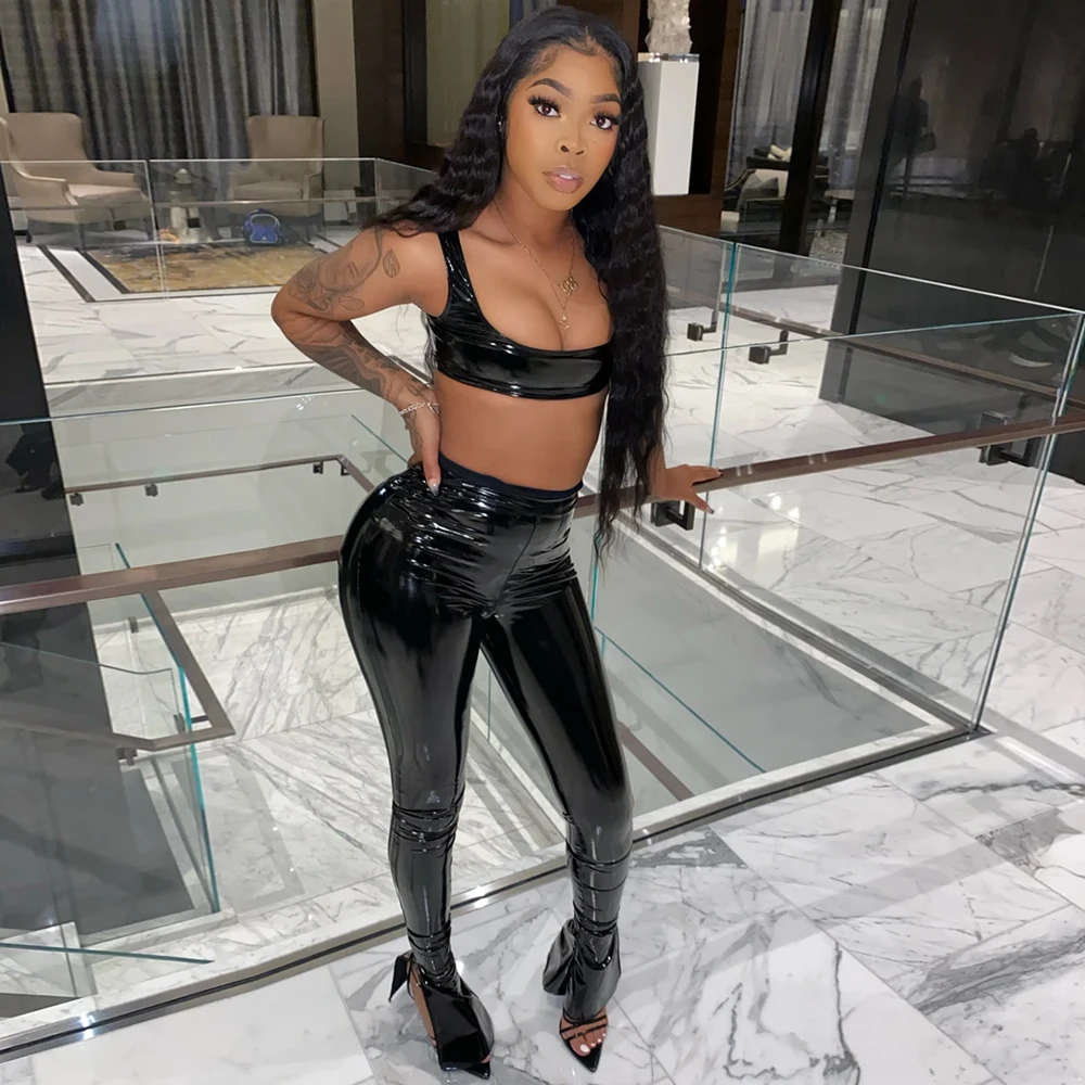 

Amazon Hot Sale 2 Piece Set Women Leather PU Short Top And Pants Women Two Piece Sets Bra Full Length Pants