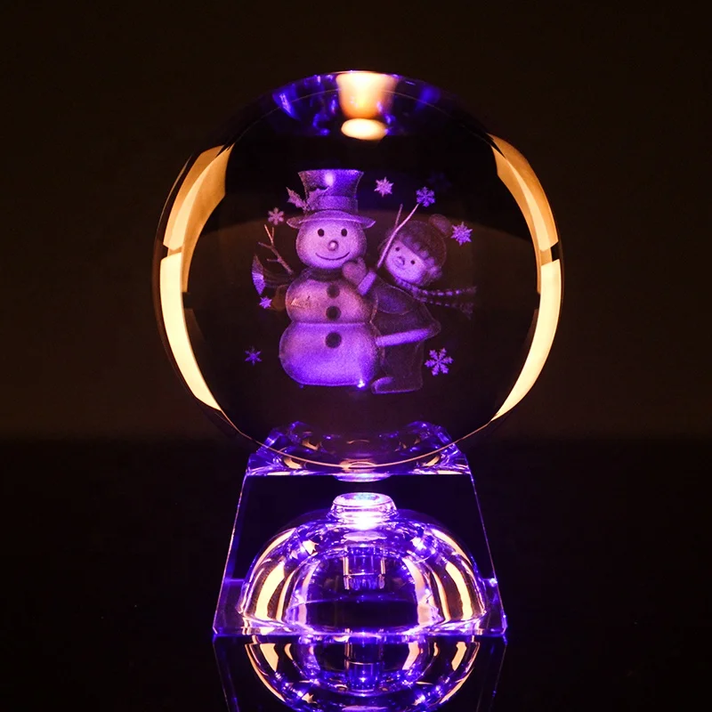 Hot Sale Customized Snowman Led Base Glass Ball Universe 3D Laser Engraved Crystal Ball Gifts