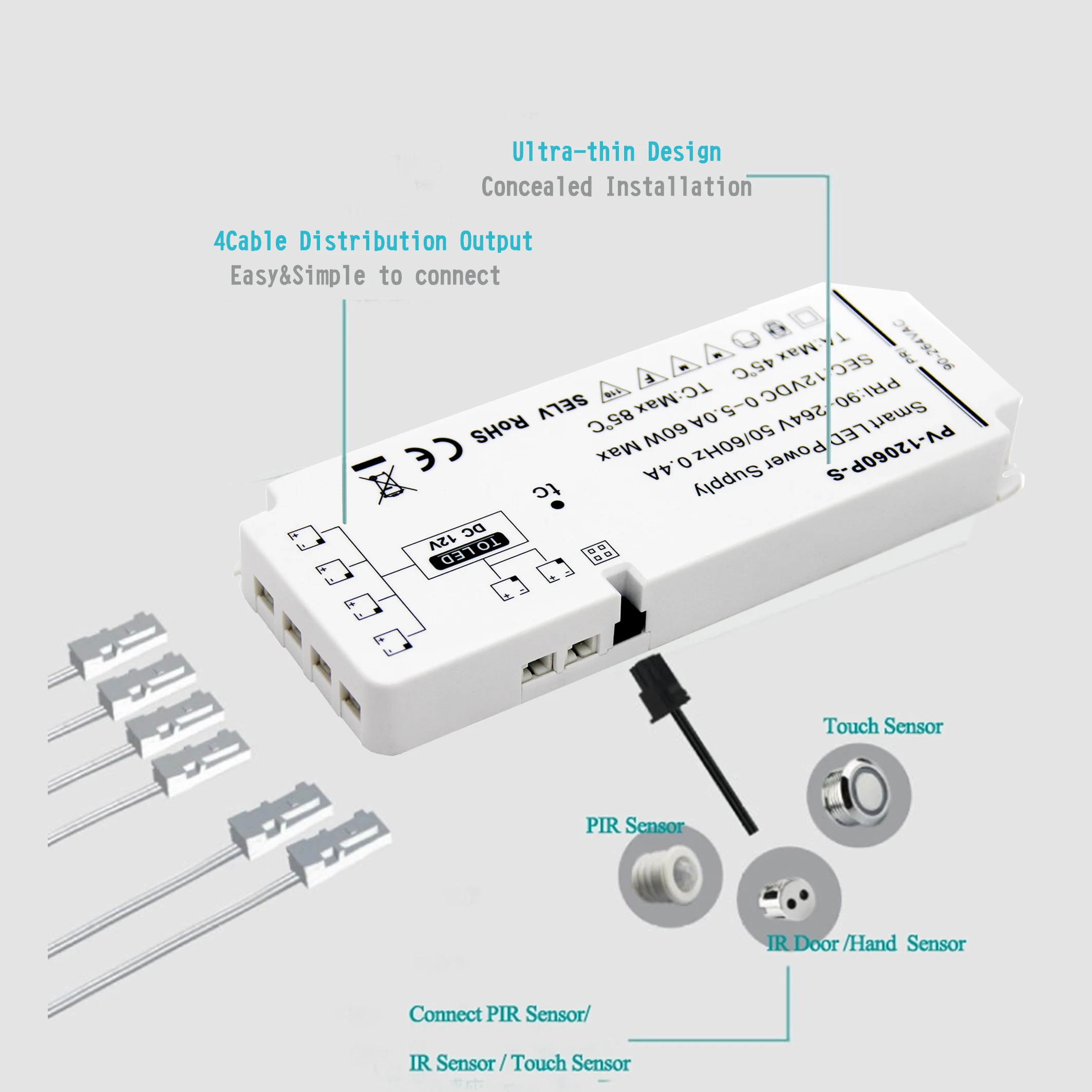 

light and thin shell led driver 12V 60W constant voltage plastic power supply cabinet lighting driver, White
