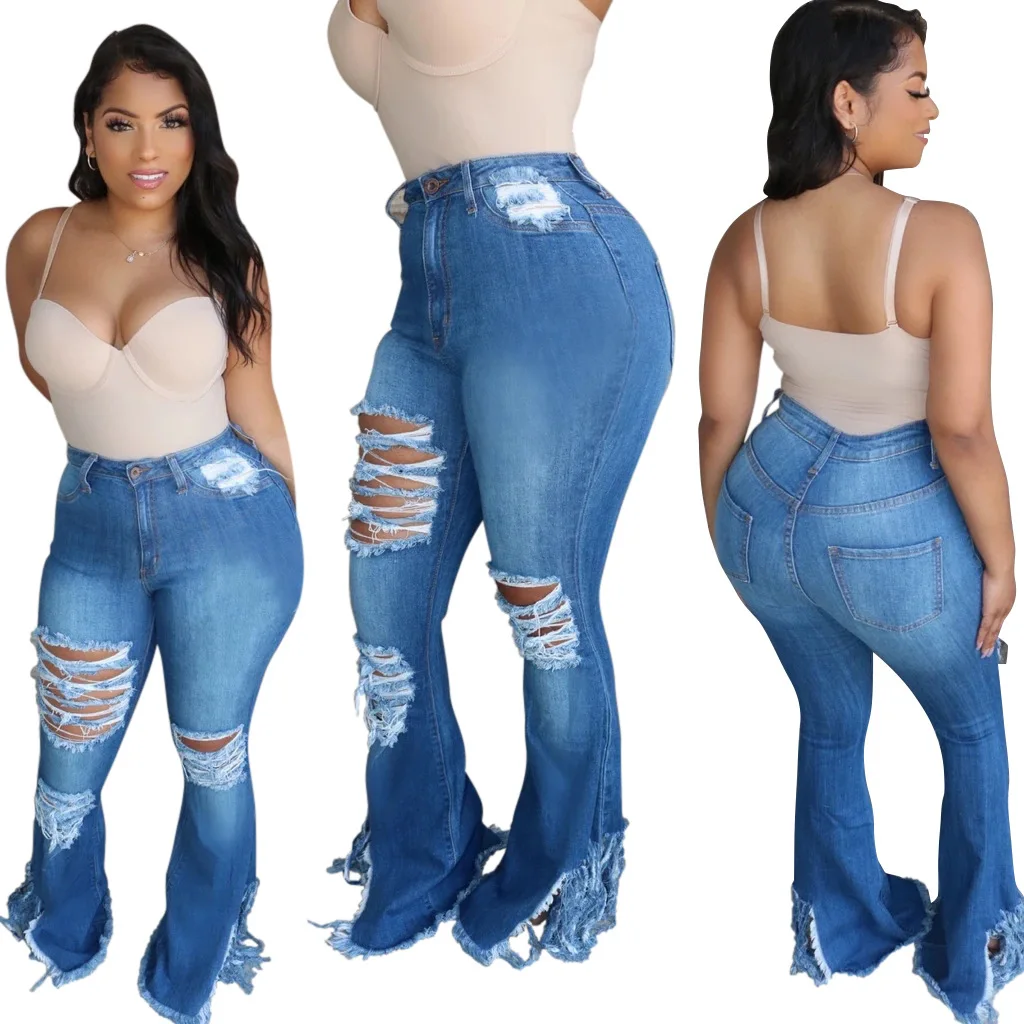

Distressed Fashion Hot Sale Casual Washed Hole Trousers Tassel Ripped Bell Bottom Denim Flared Pantalones Pants Jeans Women, As pictures