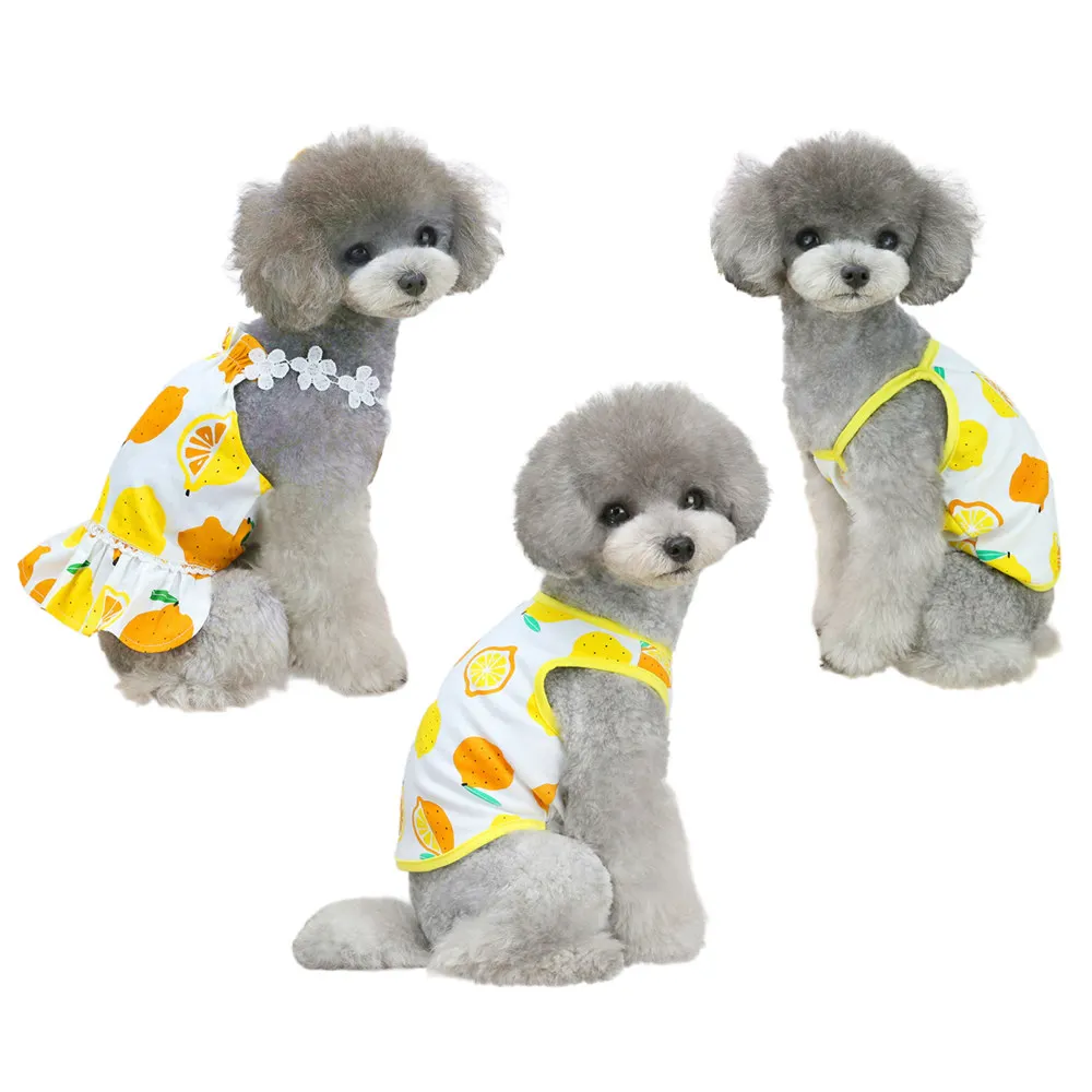 

2021 Amazon best supplier wholesale fresh lemon dog summer clothes 3 pack T shirt camisole and dresses set for puppy poodle dog