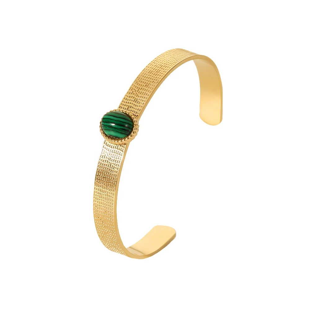 

Gorgeous 18K Gold Plated Green Malachite Insert Stainless Steel Bangles For Ladies Party Jewelry