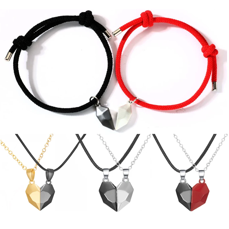 

High Quality 2pc/Pair Valentine's Day Gift Red Black Adjustable Milan Rope Charm Magnetic Half Heart Lover Couples Bracelets Set