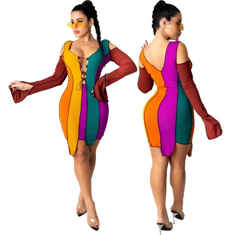 

Trendy Cutout Scoop Neck Irregular Stitching Sexy Party Wear Casual Long Sleeve Colorful Women Dress