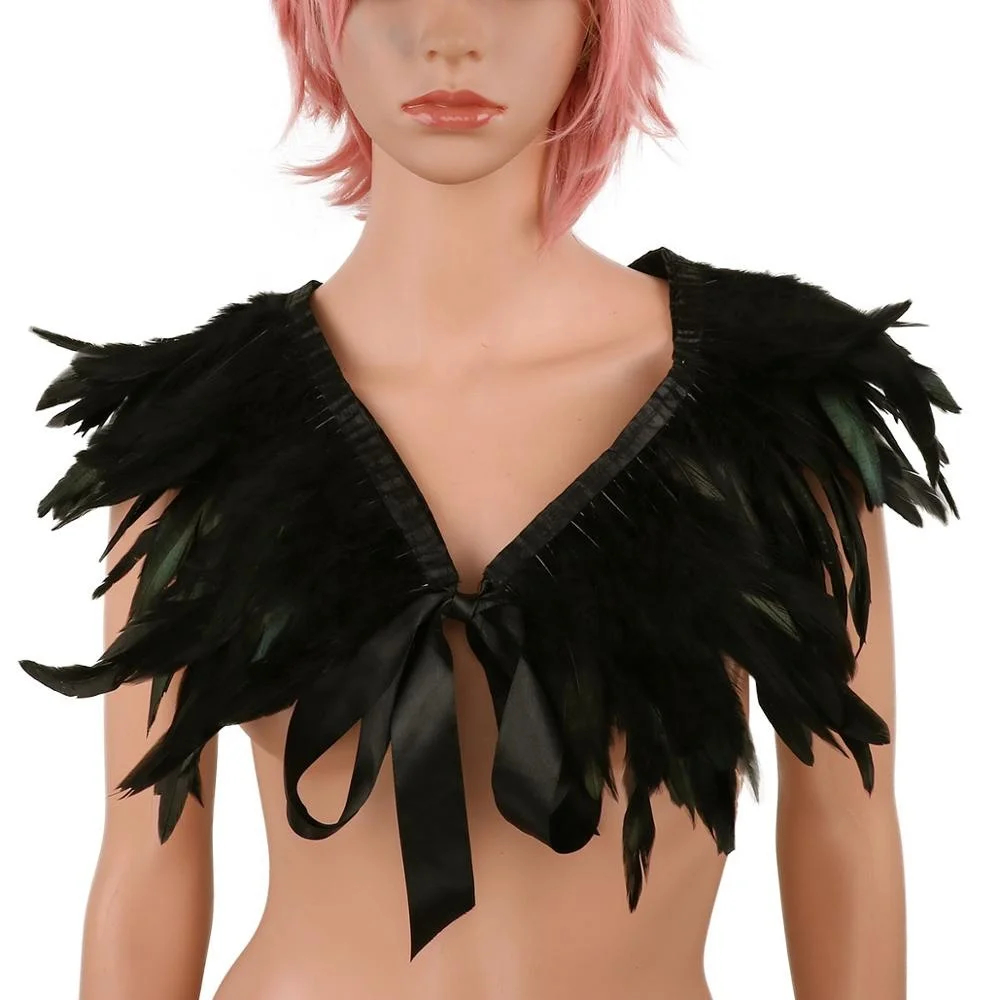 

Victorian Real Natural Feather Shrug Shawl Shoulder Wrap Cape Fashion Gothic Collar with Ribbon Ties for Party Costume