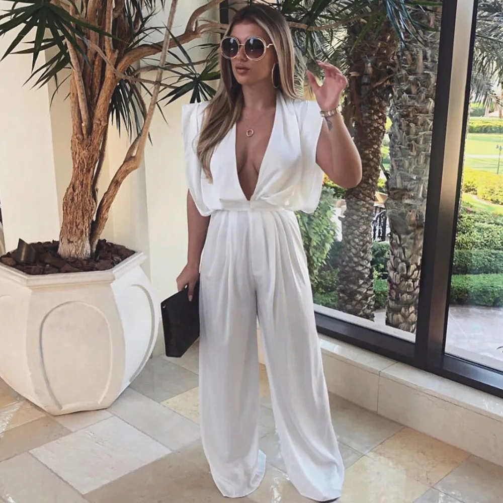 

High Quality Silk Forged Burst Sleeve One Piece Deep V Rompers Women Wide Leg Pants Jumpsuit, Picture color