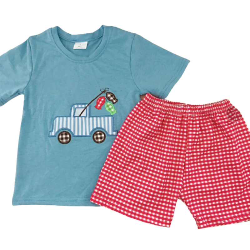 

2021 new children's clothes, boy short-sleeved shorts suit, truck embroidery suit., Blue