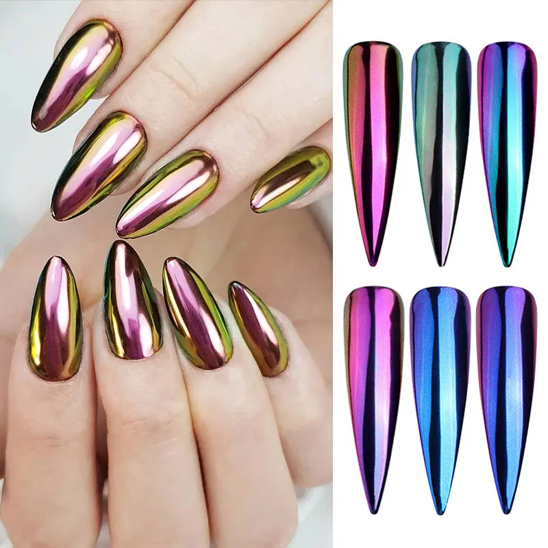 

wholesale Chameleon Mirror Laser Nail Glitter Powders Auroras Effect Nail Art Chrome Pigment Dust DIY Design Decoration, Colorful