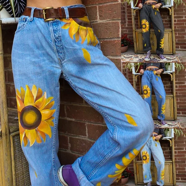 

Hot Sale New Arrival Women Sunflower Printed Loose Denim Jeans, Black, light blue, blue