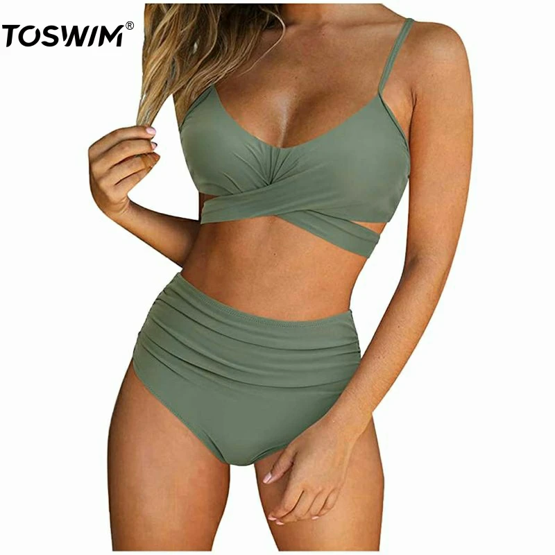 

High quality colorful wholesale summer women solid bikini high waist two piece green bikini