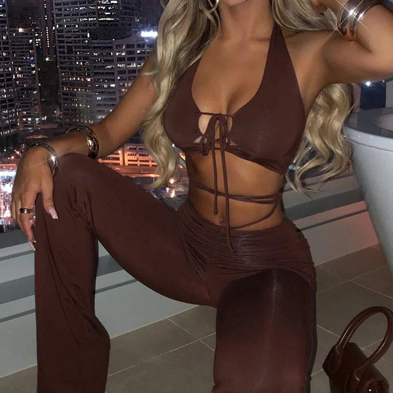 

lace up Two Piece Pants Sets For Women 2022 Summer Halter Top And Long Trousers solid Matching Outfits