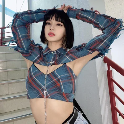 

2021 Fall Set Women BLACKPINK Plaid Patchwork Sexy 2 Piece Set Crop Top Ladies Tops New Design Cardigan Ripped Shirts For Women, Blue