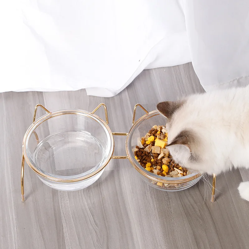

Oblique Eco-friendly Cat Bracket Cervical Support Glass Easy Clean Pet Bowl Pet Double Feeding Round Bowl, Lucency