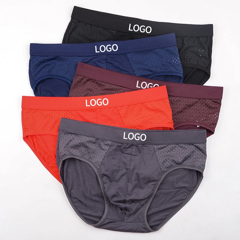 

2021 Wholesale Custom Logo Low MOQ Mens Briefs Ice Silk Breathable Mesh Hole Underwear Bulk DDP Boxer, Black,blue,gray,wine red,red