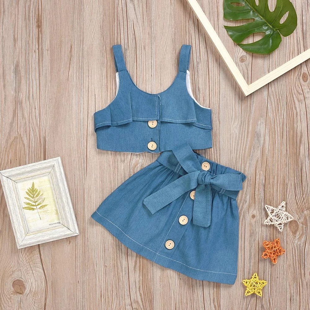 

B51898A European style little girls summer new fashion denim skirt sets, Blue