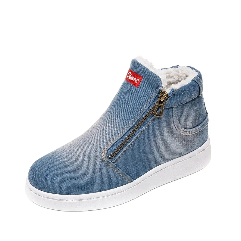 

Factory wholesale Snow Shoes Denim Cotton Insole Non-slip Casual Flat Wearable Sole Lace Up High Top Winter women's boots