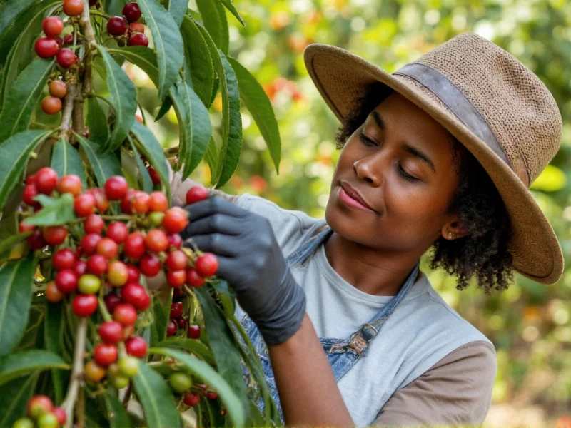 Coffee farmer inspecting ripe cherries on sustainable craft coffee farm