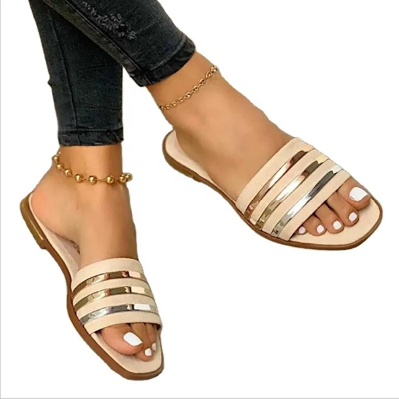 

Fashion Square Toe Metal Feeling Stripe Womens Sandal Comfortable Ladies Summer Sandals And Slippers Womens Shoes Flat Sandals, Black/apricot/pink