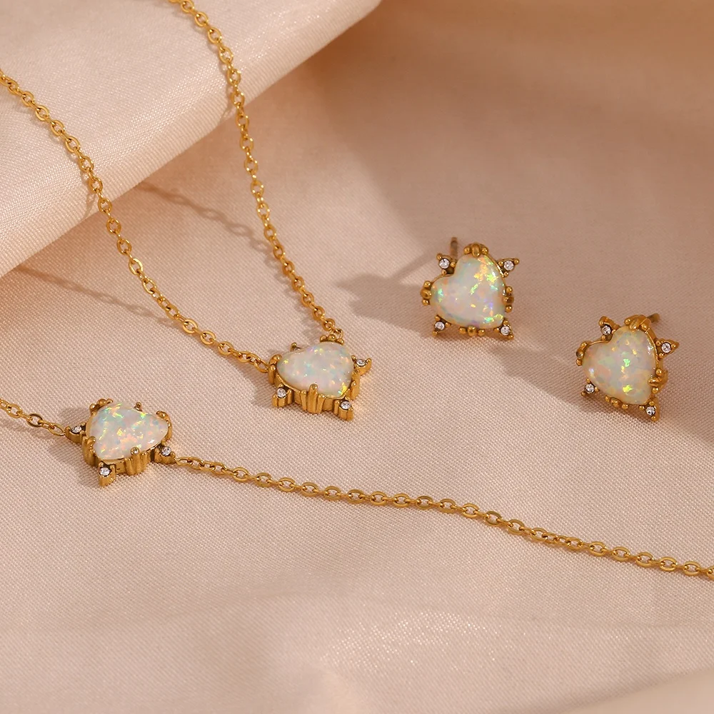 2023 Jewelry Heart Shape Opal Necklace Stainless Steel Jewelry Set For Women 18K Gold Plated Necklace Bracelet Earring