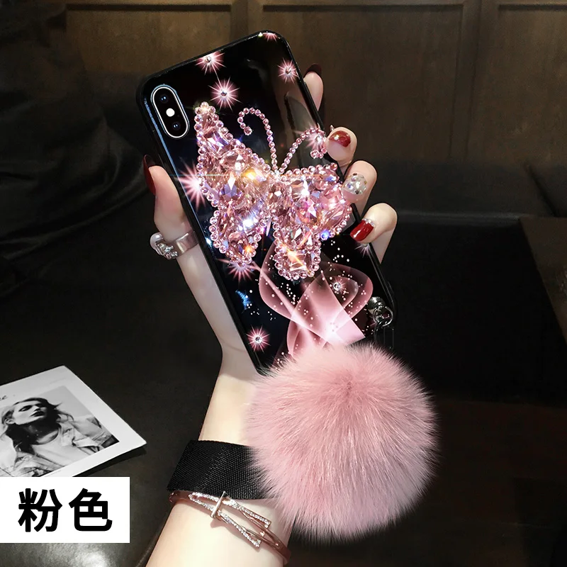 

Fashion Designer Luxury Phone Case Diamond Butterfly Cell Phone Case with Hand Strap Hairy Ball
