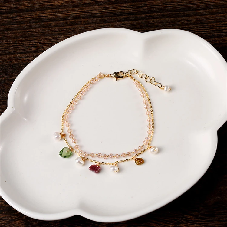 

Aimgal Natural tourmaline Pearl Thick Plated 14K gold zircon double-layer bracelet fashion women's bracelet