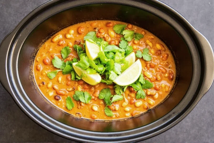 Slow cooker filled with creamy chicken chili topped with fresh cilantro and lime wedges