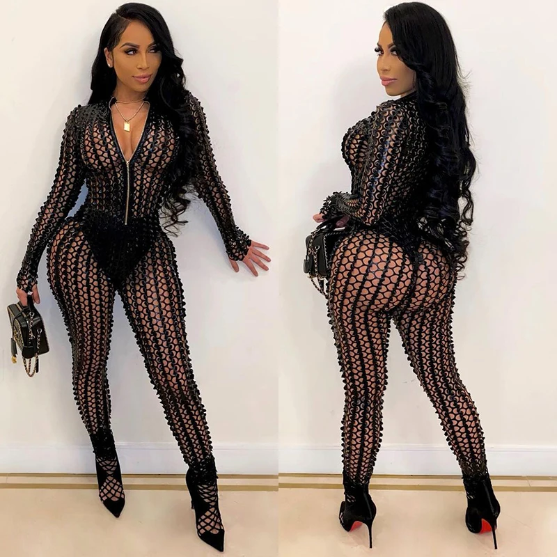 

W-S150A Hollow Out Rompers Womens Jumpsuit Solid Hole Skinny Slim Streetwear 2021 Sexy Zipper One Piece party Clubwear Outfits, Black/coffee