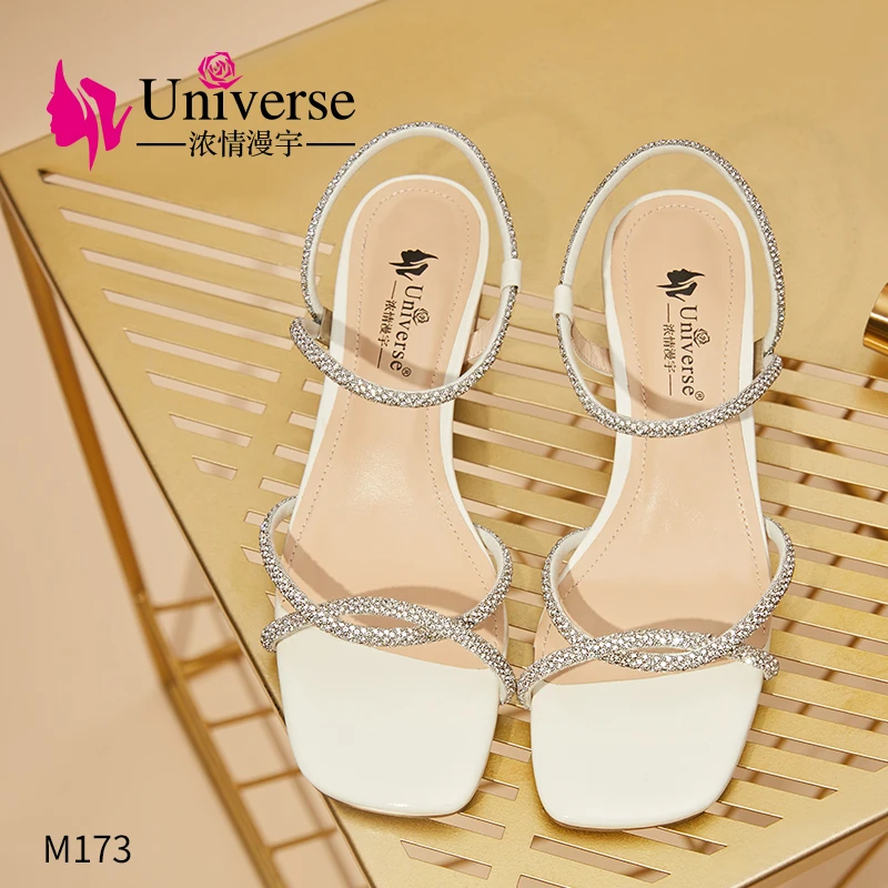 

M173 Fashion Crystal Lace-up Genuine Leather Med Women Sandals Wholesale, White